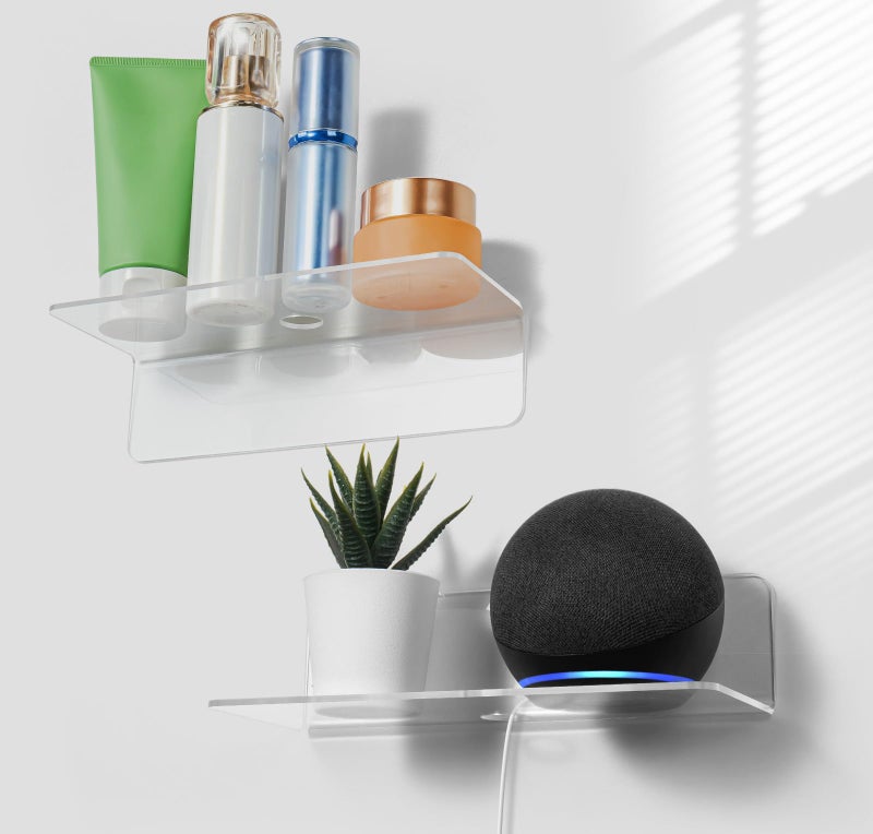 OAPRIRE Clear Acrylic Floating Shelves Set of 2  Easily Expand Wall Space  Small Wall Shelf with Strong Adhesive for Bathroom Bedroom etc