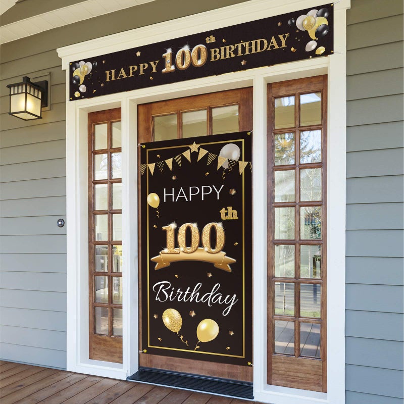 PAKBOOM Happy 100th Birthday Door Cover Porch Banner Sign Set  100 Years Old Birthday Decorations Party Supplies for Men  Black Gold