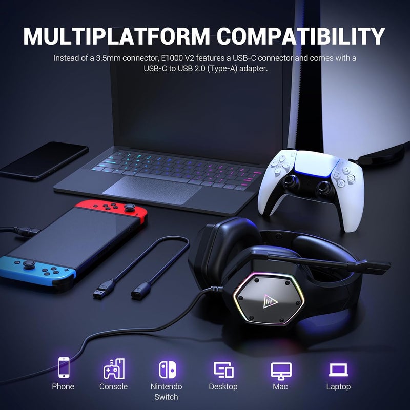 EKSA E1000 V2 Gaming Headset, PC Headset with USB C Plug, Wired Headphones with Noise Canceling Microphone, 7.1 Surround Sound, RGB Light, include USB Adapter for Computer,Mac, PS4/PS5 Console, Laptop - Image 2