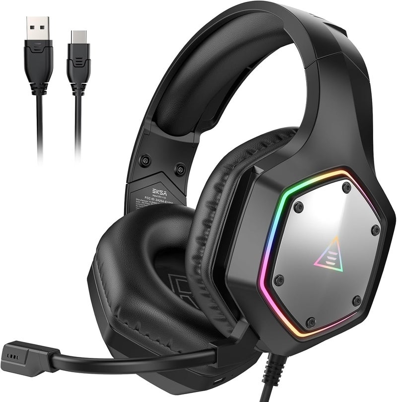 EKSA E1000 V2 Gaming Headset, PC Headset with USB C Plug, Wired Headphones with Noise Canceling Microphone, 7.1 Surround Sound, RGB Light, include USB Adapter for Computer,Mac, PS4/PS5 Console, Laptop - Image 1