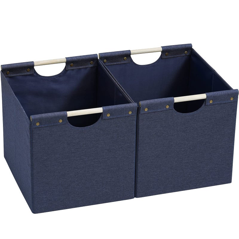 HOONEX HOONEX Large Foldable Storage Bins Linen Fabric Pack of 2 Storage Baskets with Wooden Carry Handles and Sturdy Heavy Cardboard for Home Office Car Nursery Blue
