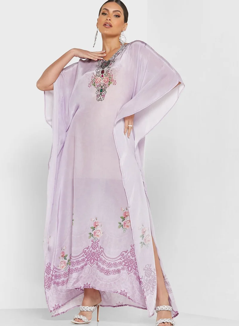 ARABIAN CLOSET Embellished Floral Print Kaftan