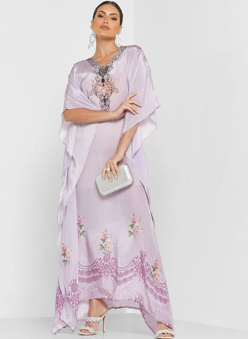 ARABIAN CLOSET Embellished Floral Print Kaftan
