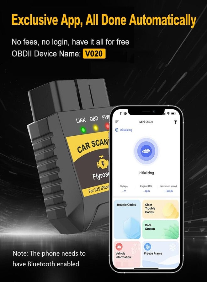 FlyroadUp OBD2 Scanner Bluetooth for iPhone iOS Android OBDII Diagnostic Scan Tool Code Reader Clear Error Code Car Performance Test Exclusive APP - Image 3