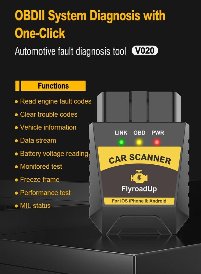 FlyroadUp OBD2 Scanner Bluetooth for iPhone iOS Android OBDII Diagnostic Scan Tool Code Reader Clear Error Code Car Performance Test Exclusive APP - Image 2