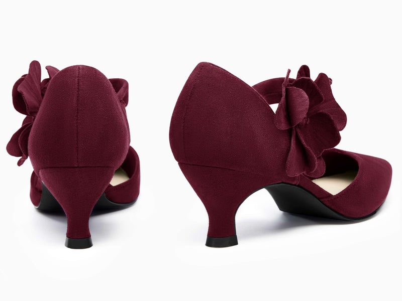Coutgo Womens Low Kitten Heels Dressy Shoes Comfortable Closed Toe Flower Slip on Formal Party Dance Heeled Pumps, Burgundy, Size 8 - Image 5