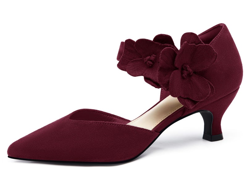 Coutgo Womens Low Kitten Heels Dressy Shoes Comfortable Closed Toe Flower Slip on Formal Party Dance Heeled Pumps, Burgundy, Size 8 - Image 1