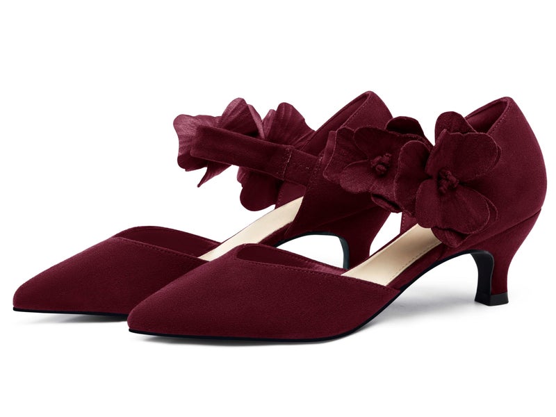 Coutgo Womens Low Kitten Heels Dressy Shoes Comfortable Closed Toe Flower Slip on Formal Party Dance Heeled Pumps, Burgundy, Size 8 - Image 4
