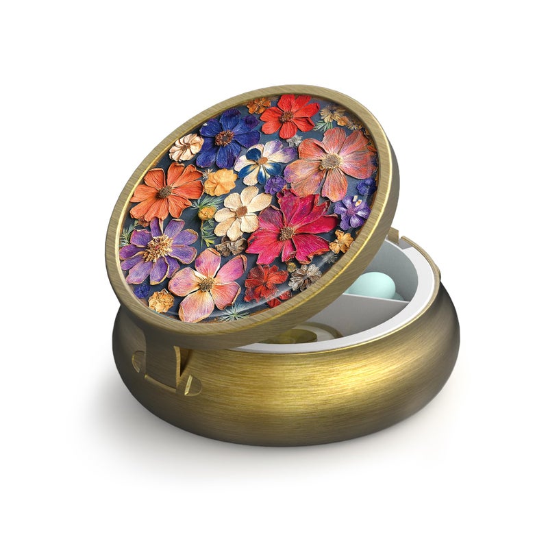 VANCANYOHO Small Pill Case Pill Box with Mirror Retro 3 Compartment Pill Holder for Purse or Pocket Bronze Portable Medicine Vitamin Container Fish Oil and Supplement Storage BPA-Free(Printed Dried Flowers) - Image 1