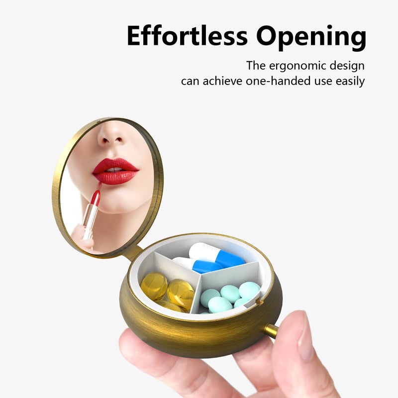 VANCANYOHO Small Pill Case Pill Box with Mirror Retro 3 Compartment Pill Holder for Purse or Pocket Bronze Portable Medicine Vitamin Container Fish Oil and Supplement Storage BPA-Free(Printed Dried Flowers) - Image 2
