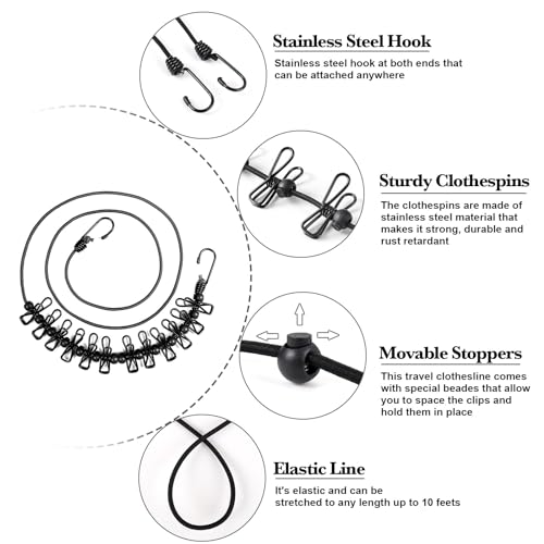 HAWATOUR Clothesline Camping Essentials, Portable Retractable Clothesline with 12pcs Clothespins Outdoor Camping Accessories Travel and RV Essentials, Black - Image 2