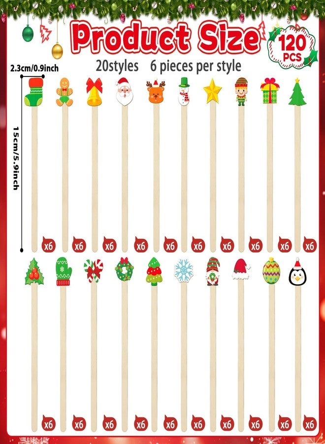 Lonfliness 120 Pcs Christmas Wooden Coffee Stirrers Xmas Wood Coffee Stir Sticks Christmas Disposable Drink Stirring Sticks for Beverage Hot Chocolate Holiday Party Decor Restaurant Home Office Cafe, 20 Styles - Image 2