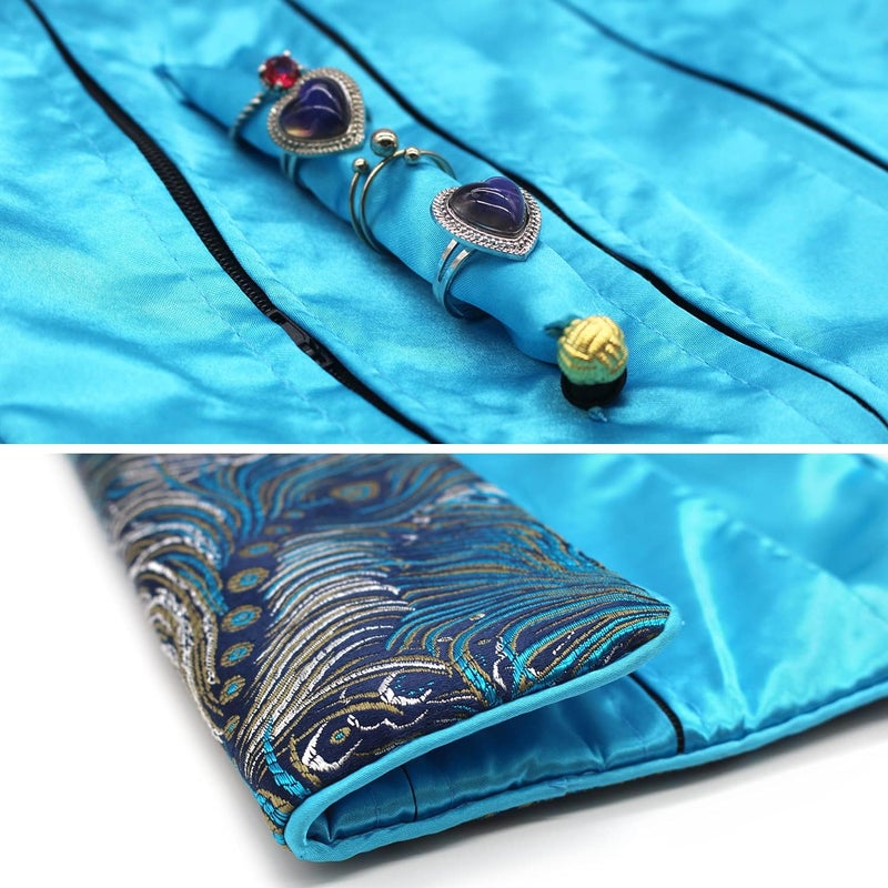 SmilerSmile Jewelry Travel Bag Embroidery Travel Jewelry Organizer with Tie Close Embroidered Flower Jewelry Roll for Women Girls (Feathers) - Image 5
