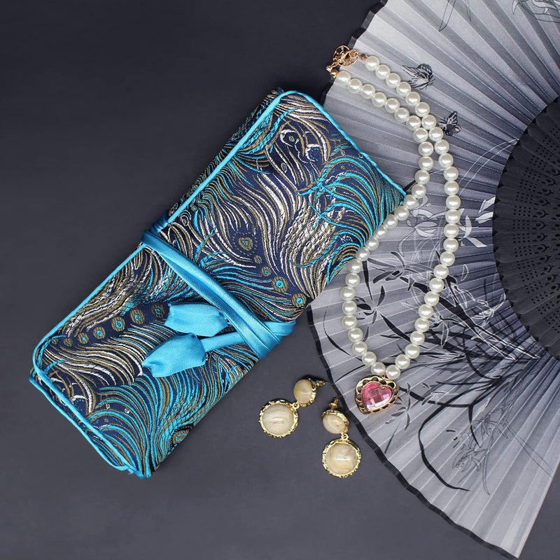 SmilerSmile Jewelry Travel Bag Embroidery Travel Jewelry Organizer with Tie Close Embroidered Flower Jewelry Roll for Women Girls (Feathers) - Image 2