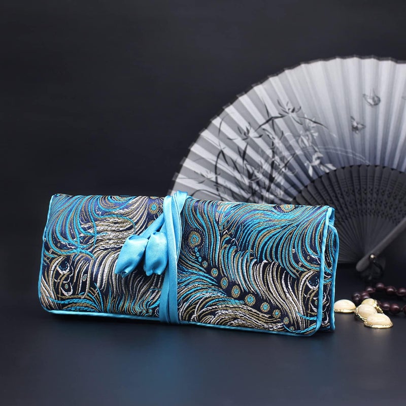 SmilerSmile Jewelry Travel Bag Embroidery Travel Jewelry Organizer with Tie Close Embroidered Flower Jewelry Roll for Women Girls (Feathers) - Image 3