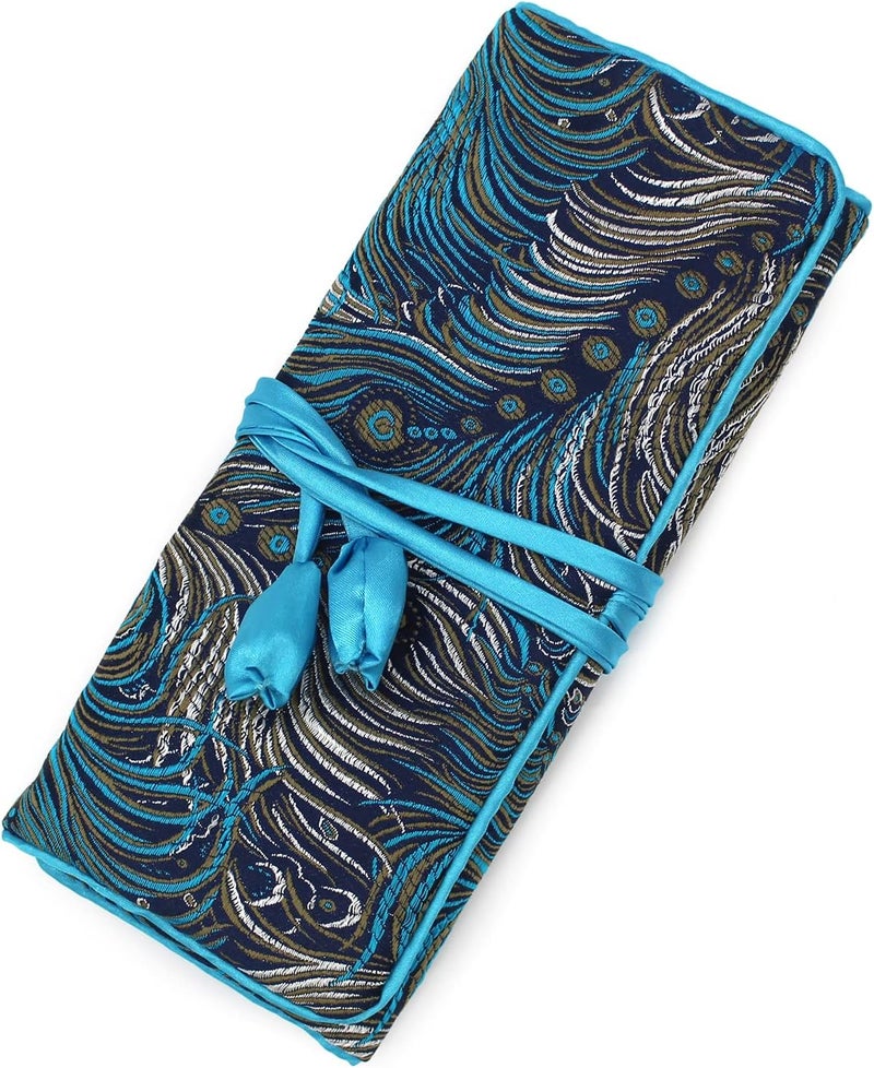 SmilerSmile Jewelry Travel Bag Embroidery Travel Jewelry Organizer with Tie Close Embroidered Flower Jewelry Roll for Women Girls (Feathers) - Image 1