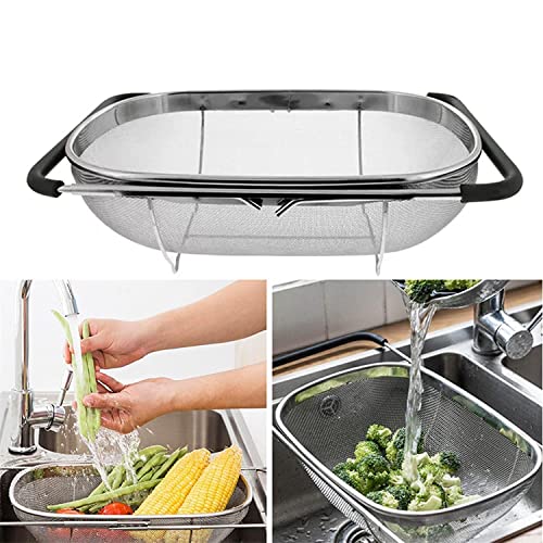 Snevad Stainless Steel Over The Sink Colander with Fine Mesh Strainer Basket & Expandable Rubber Grip Handles - Strain, Drain, Rinse Fruits, Vegetables 14 x 10 x 12 Centimeters - Image 2