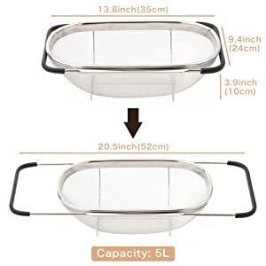 Snevad Stainless Steel Over The Sink Colander with Fine Mesh Strainer Basket & Expandable Rubber Grip Handles - Strain, Drain, Rinse Fruits, Vegetables 14 x 10 x 12 Centimeters - Image 4