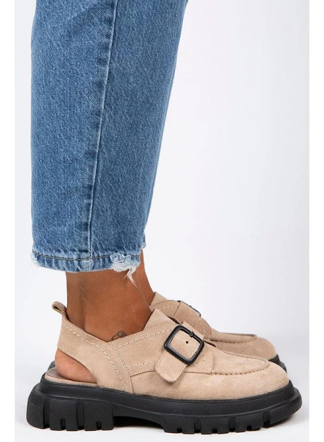 Rayne Women's Genuine Leather Buckle Belt Beige Suede Sandal.