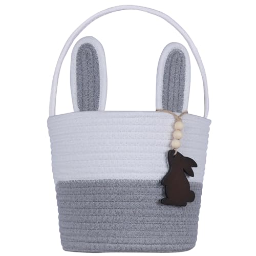 K-MLICE Easter Basket Empty Easter Baskets for Kids Boys Girls with Bunny Tag Egg Basket Eater Gifts Basket Toddler Teens Babys First Easter Basket with Handle Gray - Image 1