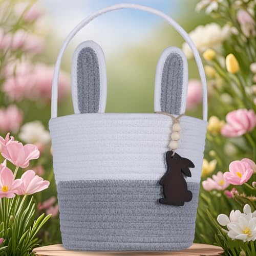 K-MLICE Easter Basket Empty Easter Baskets for Kids Boys Girls with Bunny Tag Egg Basket Eater Gifts Basket Toddler Teens Babys First Easter Basket with Handle Gray - Image 3