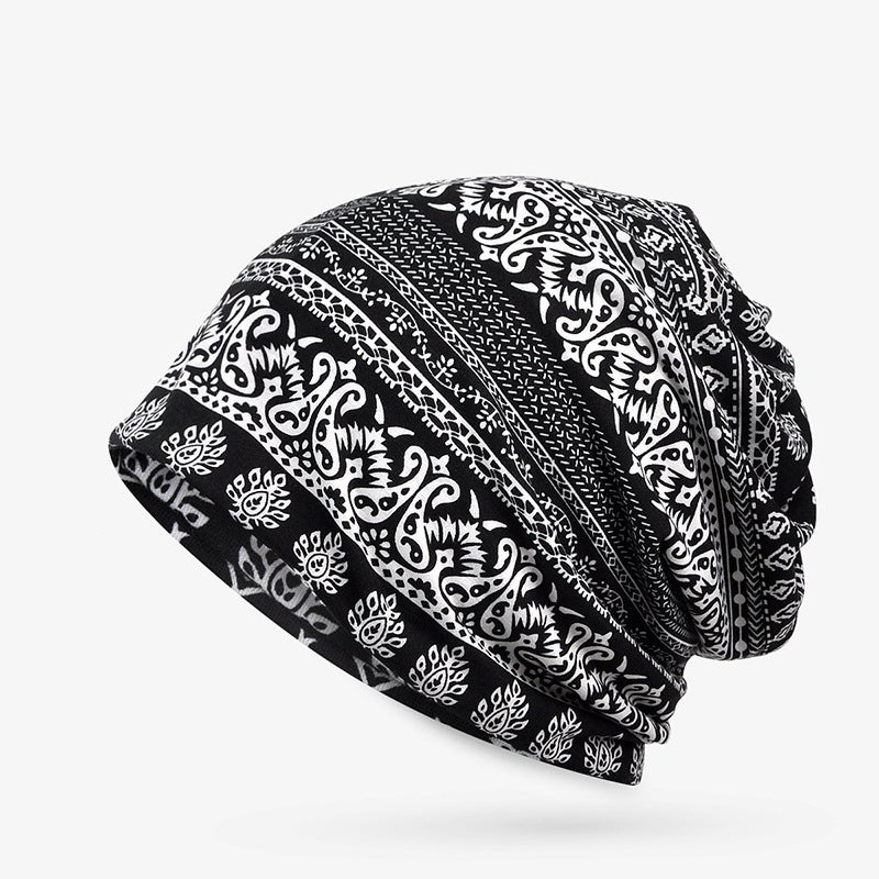 Spring Autumn and Winter Pullover Cap Women's Moon Hat Bib Dual-purpose Ethnic Style Velvet Warm Tapes Hat Women's Bag Headgear Cashew small green flowers-Black - Image 1