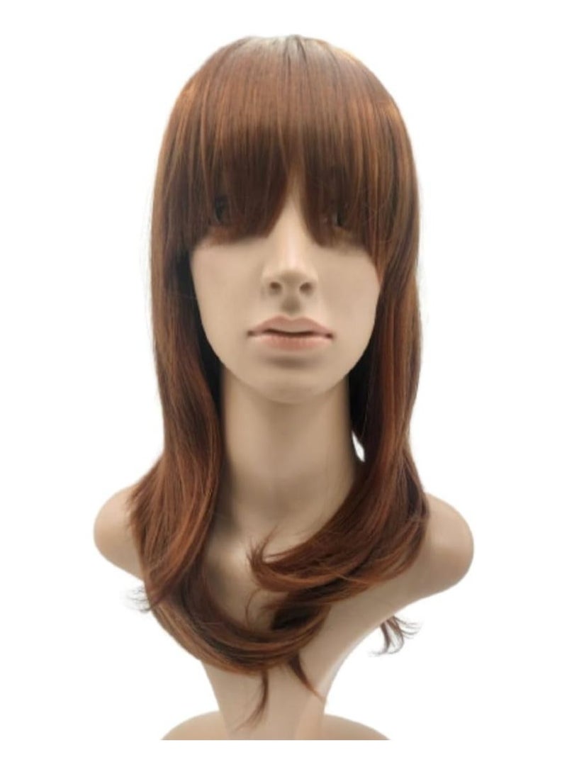 إستيل شعر مستعار طويل مموج مع غرة، شعر مستعار صناعي عالي المقاومة للحرارة، شعر مستعار مجعد ومموج للنساء والفتيات، شعر مجعد ذو مظهر طبيعي وجميل (متوسط، بني داكن) - Image 1
