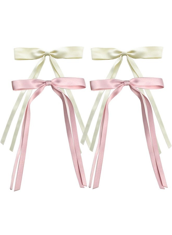 SALOCY Hair Ribbon For Women Girls4 Pcs Hair Ribbons Hair Bows Clips With Long Tailbig Ribbon Bows Satin Hair Clip For Hair Design (Pink+Beige) - Image 1