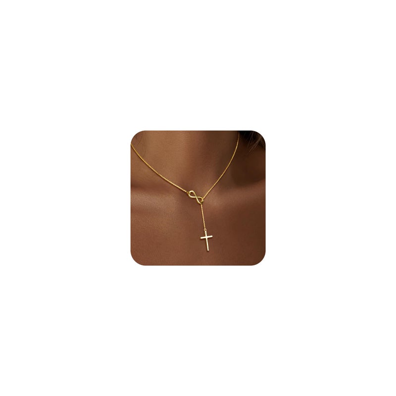 Poxtex Cross Necklace for Women Dainty Trendy 14K Gold Plated Jewelry Long Y Necklace Sideway Cross Non Tarnish Waterproof Golden Accessories Christian Religious Baptism Faith Jewelry Easter Gift - Image 1