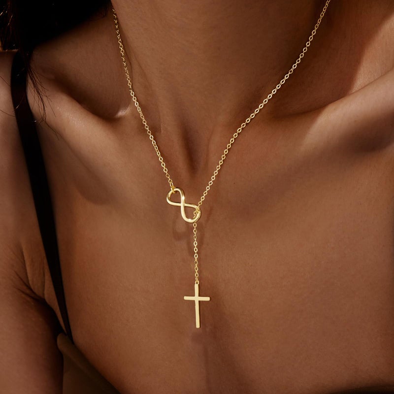 Poxtex Cross Necklace for Women Dainty Trendy 14K Gold Plated Jewelry Long Y Necklace Sideway Cross Non Tarnish Waterproof Golden Accessories Christian Religious Baptism Faith Jewelry Easter Gift - Image 3