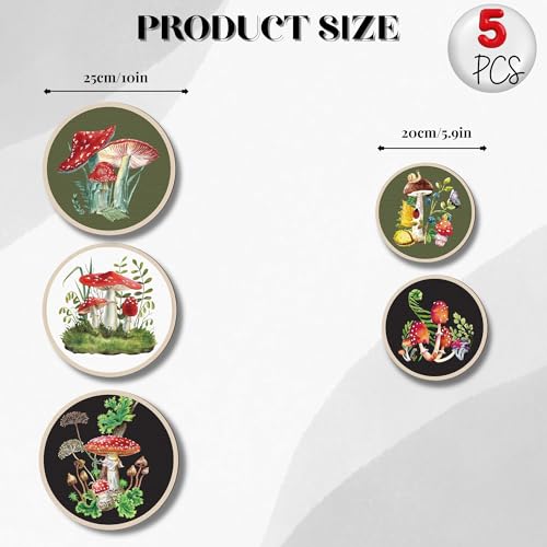 Nozvera Whimsical Mushroom Wall Art Set of 5 – Round Prints with Colorful Toadstool and Forest Botanical Designs – Cottagecore Nature-Inspired Wall Decor for Living Room or Bedroom - Image 3