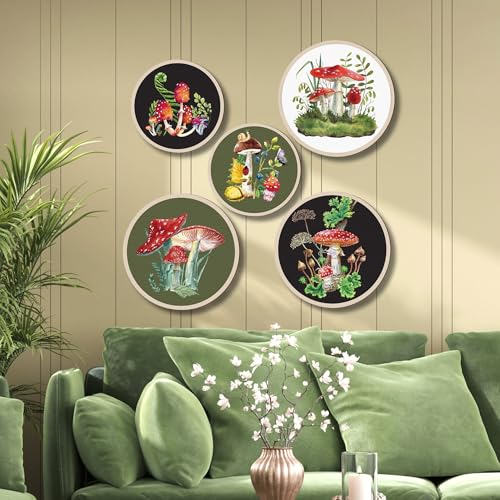 Nozvera Whimsical Mushroom Wall Art Set of 5 – Round Prints with Colorful Toadstool and Forest Botanical Designs – Cottagecore Nature-Inspired Wall Decor for Living Room or Bedroom - Image 1