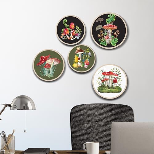 Nozvera Whimsical Mushroom Wall Art Set of 5 – Round Prints with Colorful Toadstool and Forest Botanical Designs – Cottagecore Nature-Inspired Wall Decor for Living Room or Bedroom - Image 2
