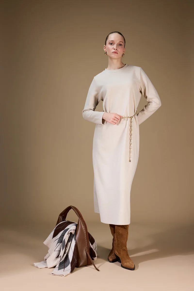 Defacto Regular Fit Crew Neck Long Sleeve Belted Maxi Dress