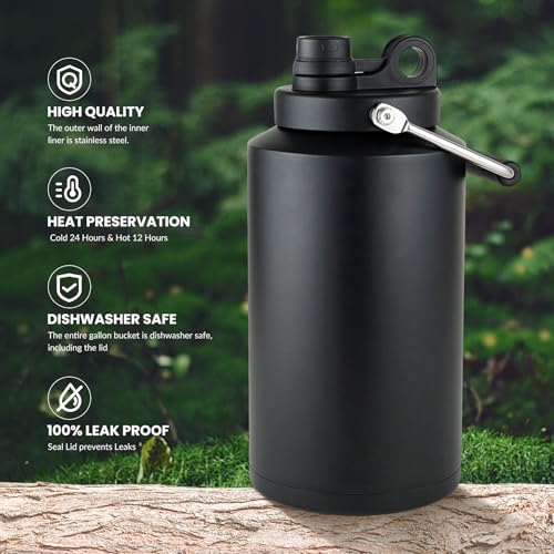 Alathote 1 Gallon Water Jug Bottle Insulated, 128oz Stainless Steel Water Bottle Jug Wide Mouth Double Vacuum Dishwasher Safe BPA Free for Hot & Cold Drinks Black - Image 3