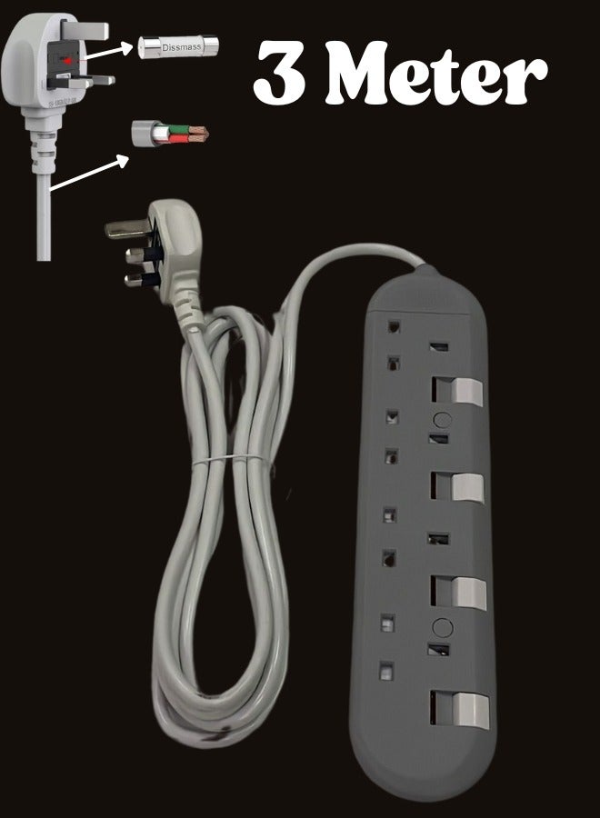 JAMS 3 Meter Power Strips Extension Cord | 4 Sockets Universal Plug Adapter with Bold Extension Cable | With Individual Switches With Lights| Power Socket | Extension Board | Extension Cable | Extension Socket For Home ,Office ,Kitchen ,Travel And More ((3 Meter)) 