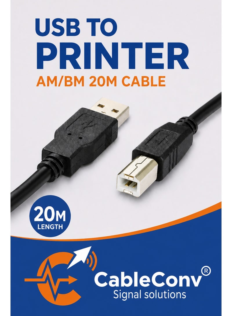CABLE CONV USB 2.0 Active Extension Cable  Printer Cable Printer Cable, USB Printer Cord 2.0 Type A Male to B Male Cable Scanner Cord High Speed Compatible with HP, Canon, Dell, Epson, Lexmark, Xerox, Samsung and More Black 20m - Image 1