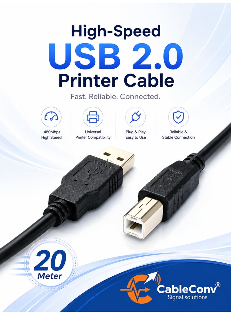​كابل كونف كابل طابعة، سلك طابعة USB 2.0 من النوع A ذكر إلى النوع B ذكر، سلك ماسح ضوئي عالي السرعة، متوافق مع HP، Canon، Dell، Epson، Lexmark، Xerox، Samsung وغيرها، أسود، 20 متر - Image 1