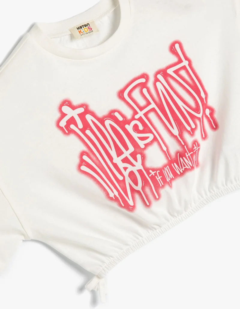 KOTON Crop T-Shirt Slogan Printed Short Sleeve Cotton