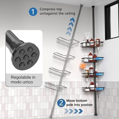 ZUNTO Shower Caddy Corner for Bathroom, Tension Pole, Adjustable 25in-114in Floor to Ceiling, Standing Shower Tension Rod Organizer with Hooks, 4 Tier Storage Shelves, Matte Black - Image 3