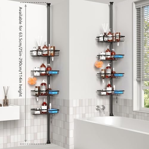 ZUNTO Shower Caddy Corner for Bathroom, Tension Pole, Adjustable 25in-114in Floor to Ceiling, Standing Shower Tension Rod Organizer with Hooks, 4 Tier Storage Shelves, Matte Black - Image 2