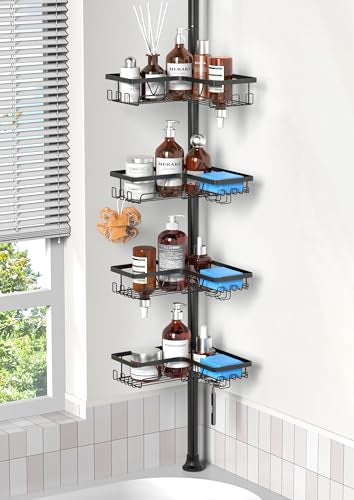 ZUNTO Shower Caddy Corner for Bathroom, Tension Pole, Adjustable 25in-114in Floor to Ceiling, Standing Shower Tension Rod Organizer with Hooks, 4 Tier Storage Shelves, Matte Black - Image 1