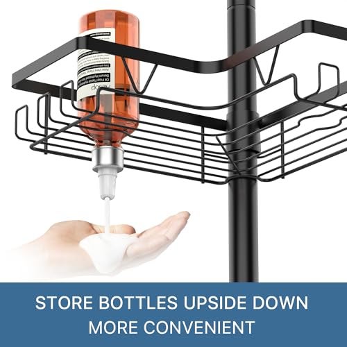 ZUNTO Shower Caddy Corner for Bathroom, Tension Pole, Adjustable 25in-114in Floor to Ceiling, Standing Shower Tension Rod Organizer with Hooks, 4 Tier Storage Shelves, Matte Black - Image 4