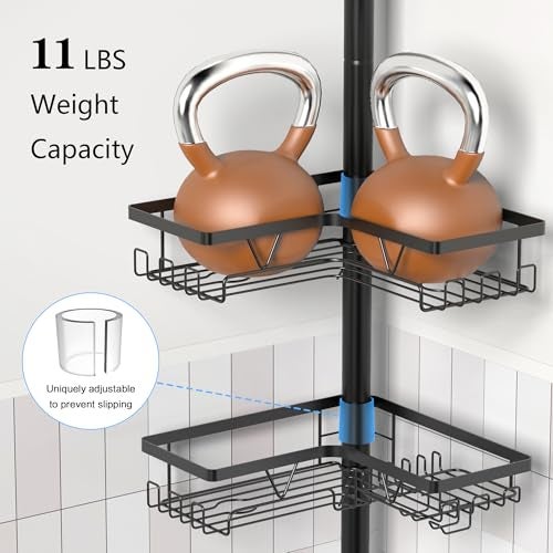 ZUNTO Shower Caddy Corner for Bathroom, Tension Pole, Adjustable 25in-114in Floor to Ceiling, Standing Shower Tension Rod Organizer with Hooks, 4 Tier Storage Shelves, Matte Black - Image 5