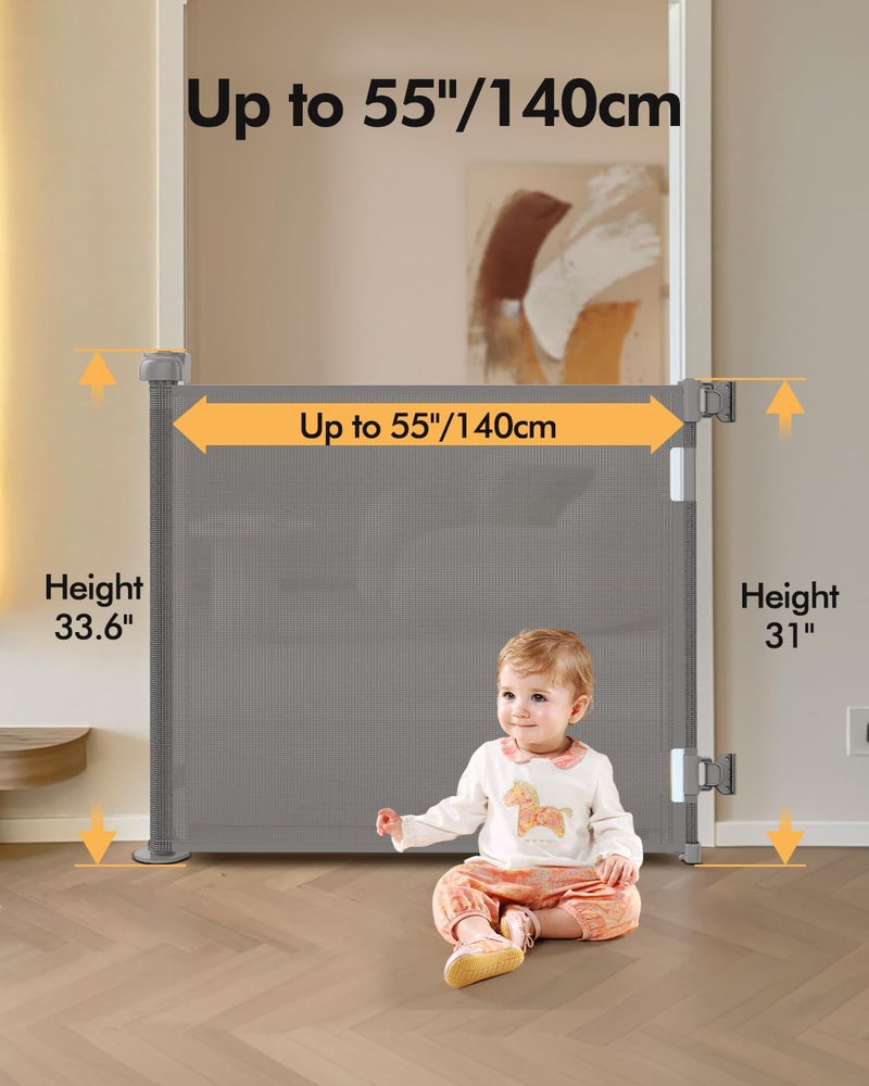 Zupetta Retractable Baby Gate for Stairs & Doorways, 55" Wide x 33.6" Tall Easy Installation Mesh Dog Gate for Indoor & Outdoor Use,Pet and Dog Safety Gate for Hallways(Grey) - Image 2