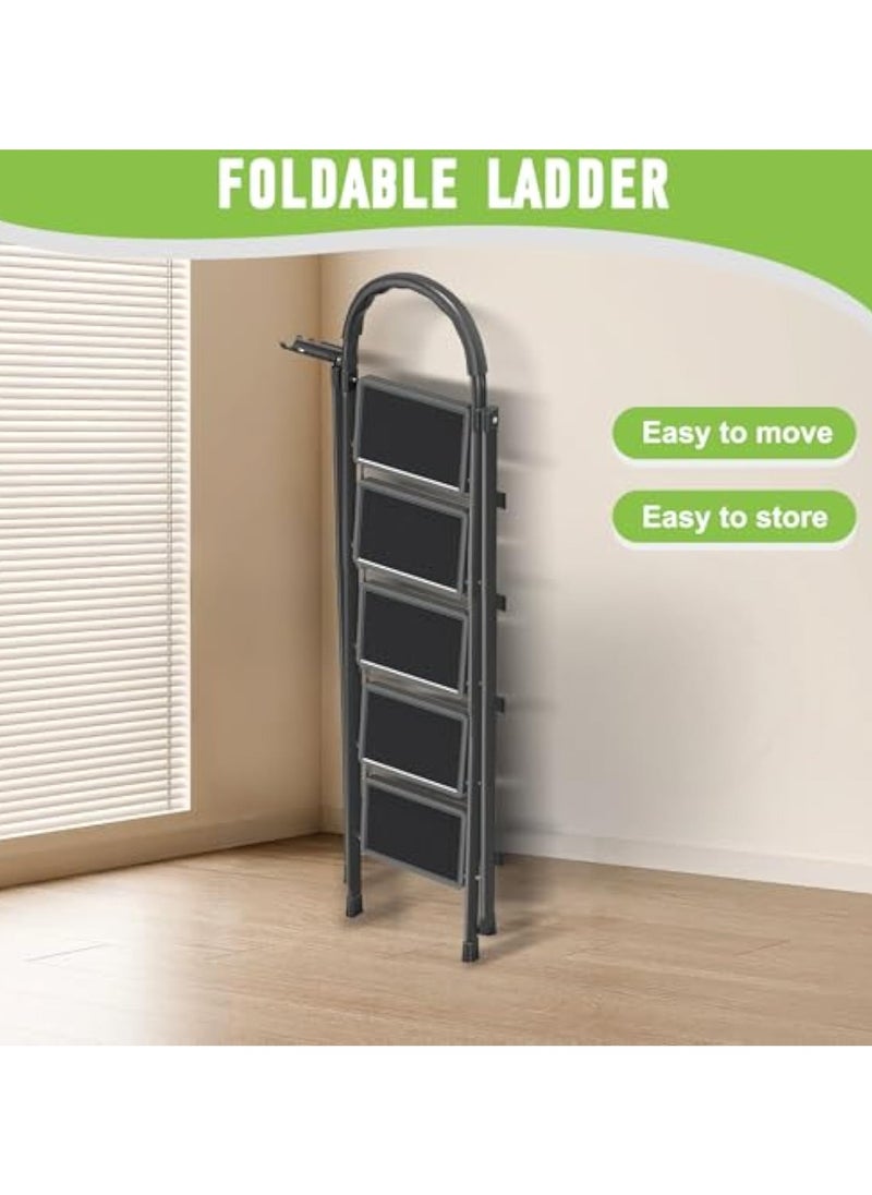ACPLAY 5 Steps Foldable Ladder, Aluminum Home Ladder Folding Step Stool with Wide Anti-Slip Pedal, Foldable Step Stool for Home,Kitchen, Garden, Office  - Image 3