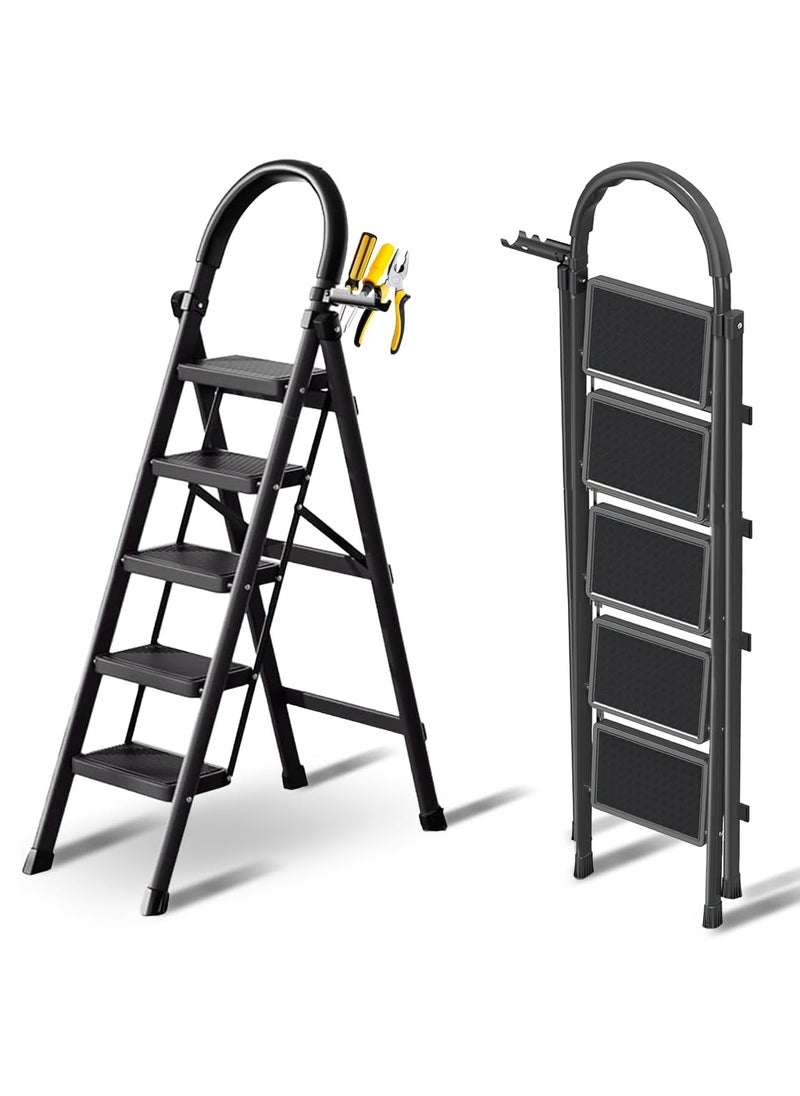 ACPLAY 5 Steps Foldable Ladder, Aluminum Home Ladder Folding Step Stool with Wide Anti-Slip Pedal, Foldable Step Stool for Home,Kitchen, Garden, Office  - Image 1