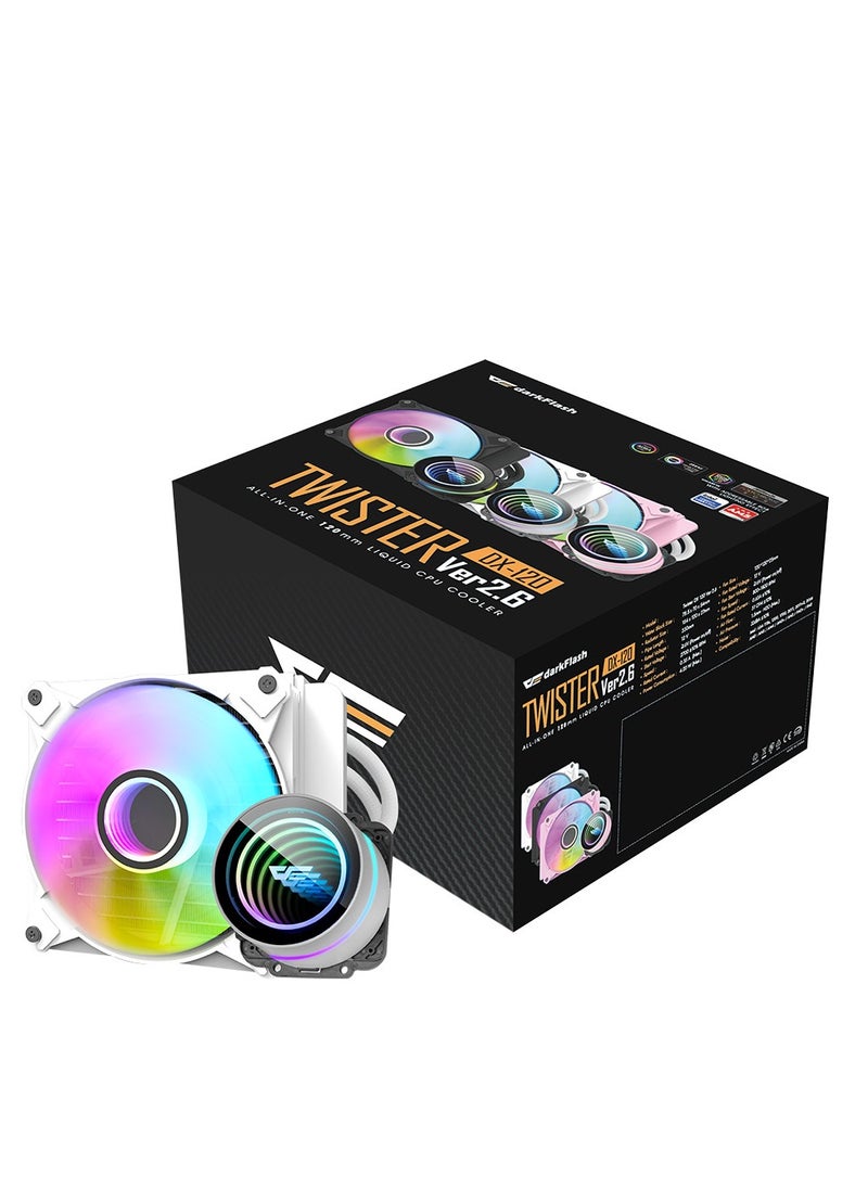 DarkFlash - Darkflash Twister DX120 V2.6 ARG CPU Liquid Cooler, Latest Intel 1700 & AMD5 Support, 1800 RPM, Water Pump Infinity Mirror With 360 Degree Rotation, Low Noise 32dba, PWM  Fan For PC - Image 1