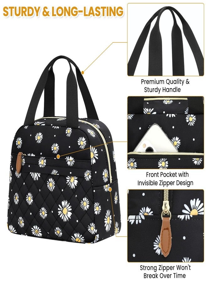 ELONGRIVER Insulated Lunch Bag for Women, Portable Lightweight Lunch Box for Adults, Reusable Small Lunch Tote Cooler Bags with Front Zipper Pocket for Work, Travel and Picnic (Black-Floral) - Image 4