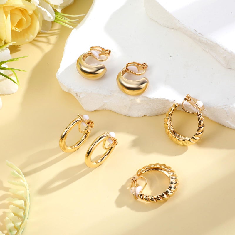 Neyauo Gold Clip on Earrings, 16K Plated Chunky Waterdrop Tube Hoops Non Pierced Fake Ears Hoop Clip On Gold Earrings Set - Image 4